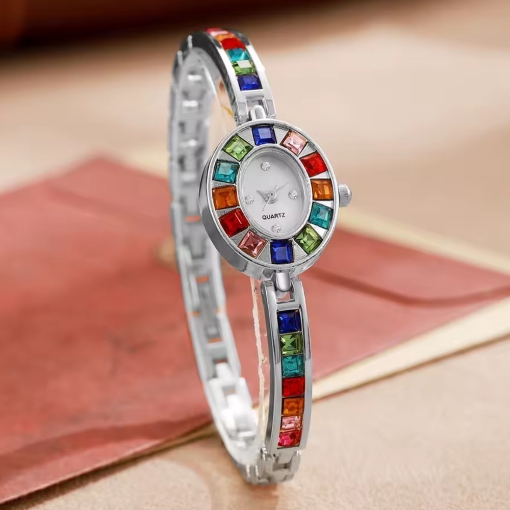 Vintage Silver Multicolor Crystal Quartz Watch